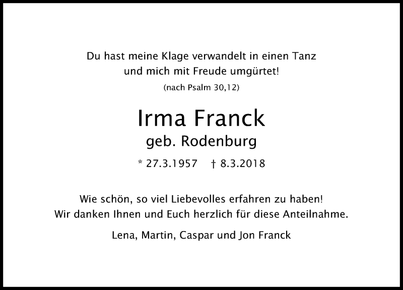  Traueranzeige für Irma Franck vom 07.04.2018 aus Hannoversche Allgemeine Zeitung/Neue Presse