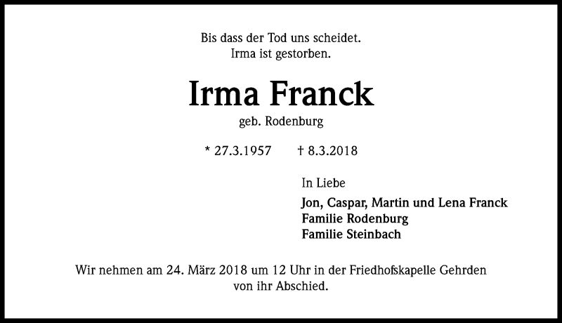  Traueranzeige für Irma Franck vom 17.03.2018 aus Hannoversche Allgemeine Zeitung/Neue Presse