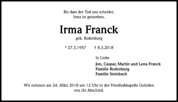 Traueranzeige von Irma Franck von Hannoversche Allgemeine Zeitung/Neue Presse