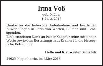 Traueranzeige von Irma Voß von Kieler Nachrichten