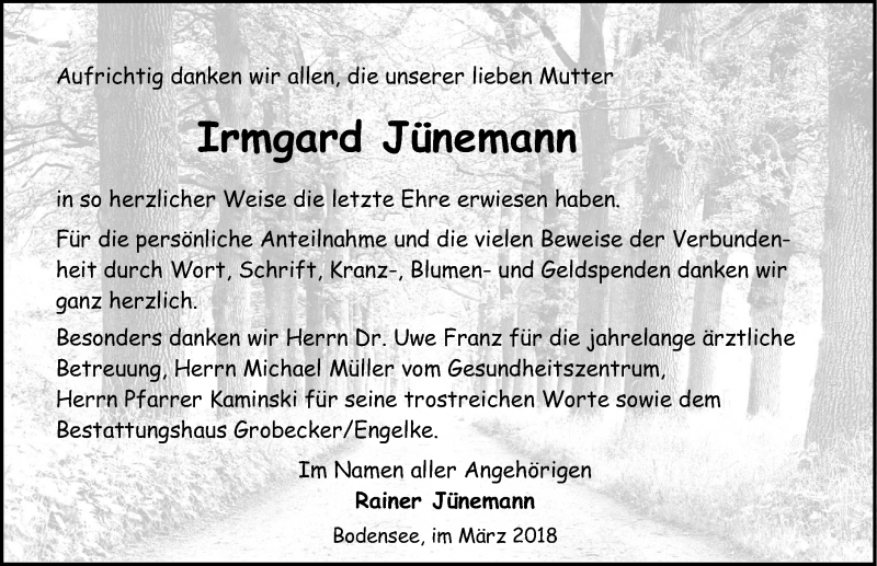  Traueranzeige für Irmgard Jünemann vom 17.03.2018 aus Eichsfelder Tageblatt