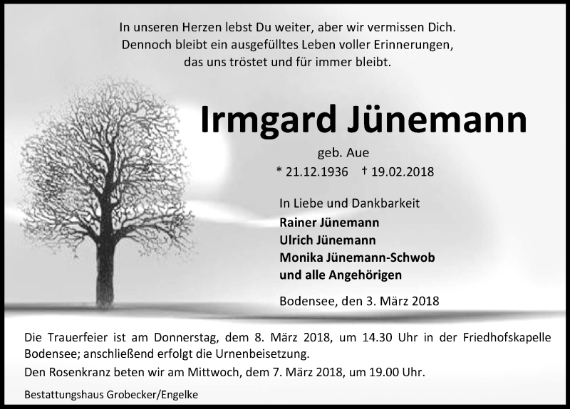  Traueranzeige für Irmgard Jünemann vom 03.03.2018 aus Eichsfelder Tageblatt