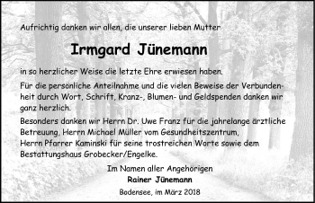 Traueranzeige von Irmgard Jünemann von Eichsfelder Tageblatt