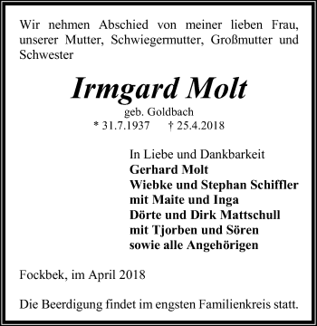 Traueranzeige von Irmgard Molt von Kieler Nachrichten