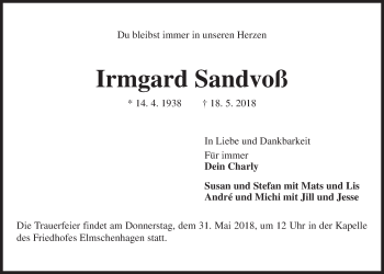 Traueranzeige von Irmgard Sandvoß von Kieler Nachrichten