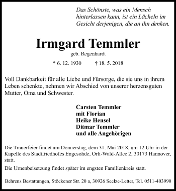 Traueranzeige von Irmgard Temmler von Hannoversche Allgemeine Zeitung/Neue Presse