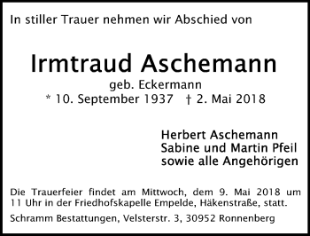 Traueranzeige von Irmtraud Aschemann von Hannoversche Allgemeine Zeitung/Neue Presse