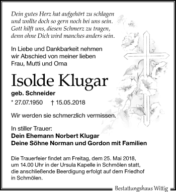 Traueranzeige von Isolde Klugar von Leipziger Volkszeitung