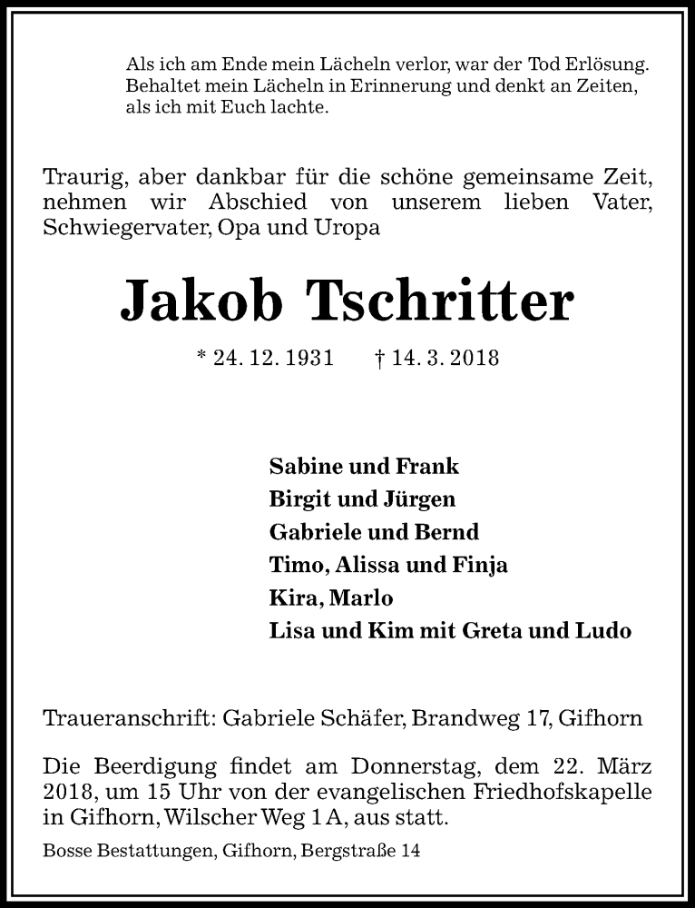  Traueranzeige für Jakob Tschritter vom 17.03.2018 aus Aller Zeitung