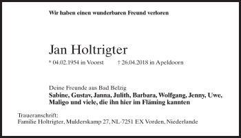 Traueranzeige von Jan Holtrigter von Märkischen Allgemeine Zeitung