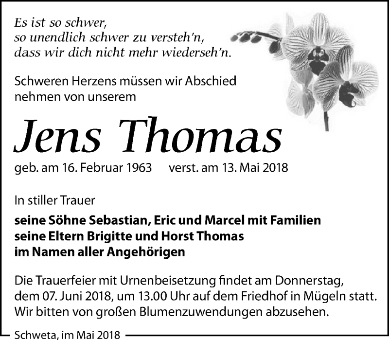  Traueranzeige für Jens Thomas vom 26.05.2018 aus Leipziger Volkszeitung