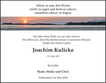 Traueranzeige von Joachim Kulicke von Ostsee-Zeitung GmbH