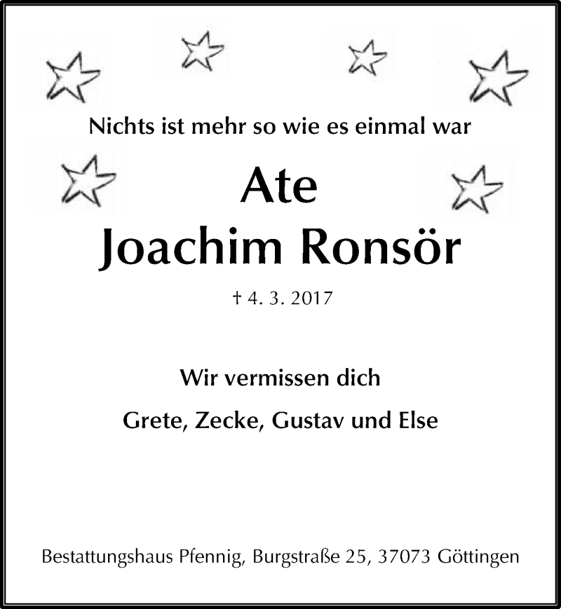  Traueranzeige für Joachim Ronsör vom 03.03.2018 aus Göttinger Tageblatt