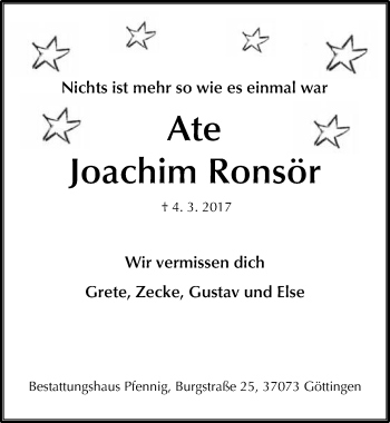 Traueranzeige von Joachim Ronsör von Göttinger Tageblatt