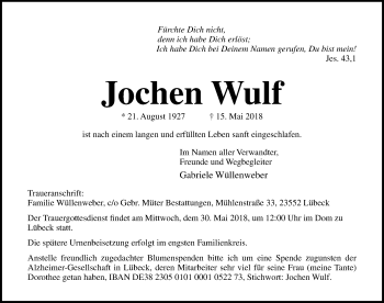 Traueranzeige von Jochen Wulf von Lübecker Nachrichten
