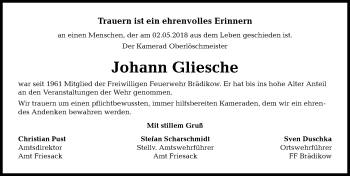 Traueranzeige von Johann Gliesche von Märkischen Allgemeine Zeitung