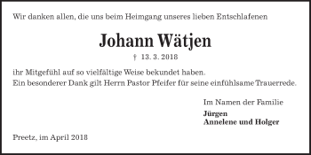 Traueranzeige von Johann Wätjen von Kieler Nachrichten