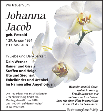 Traueranzeige von Johanna Jacob von Leipziger Volkszeitung