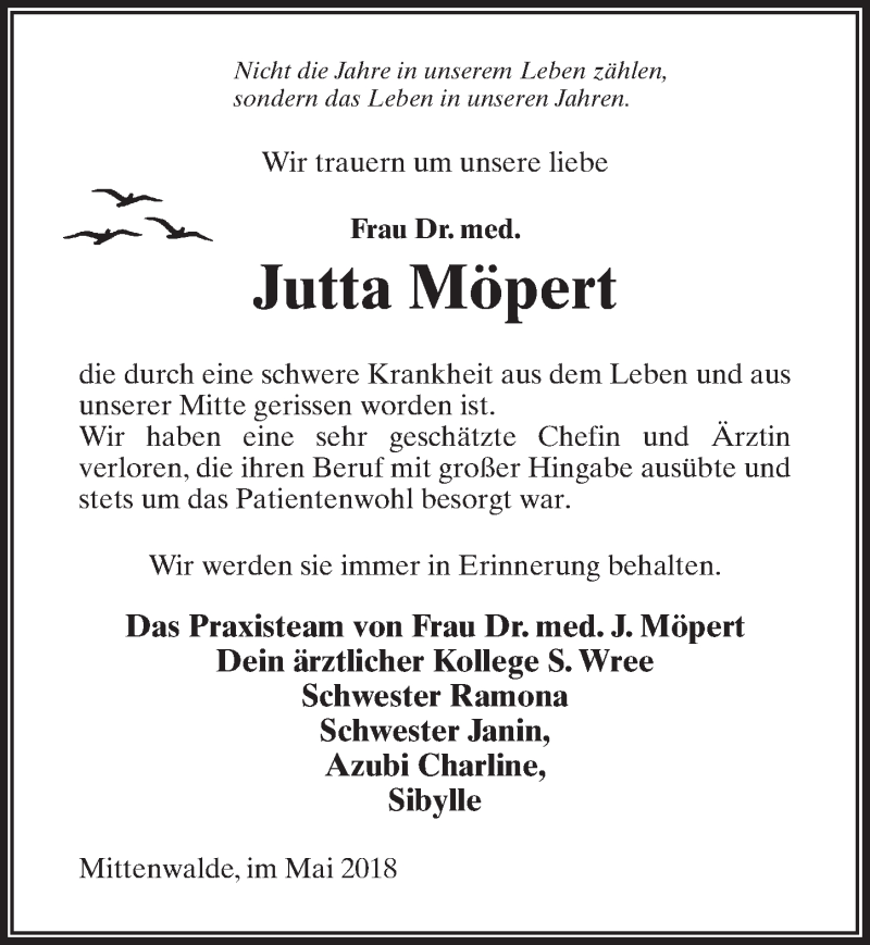  Traueranzeige für Jutta Möpert vom 19.05.2018 aus Märkischen Allgemeine Zeitung