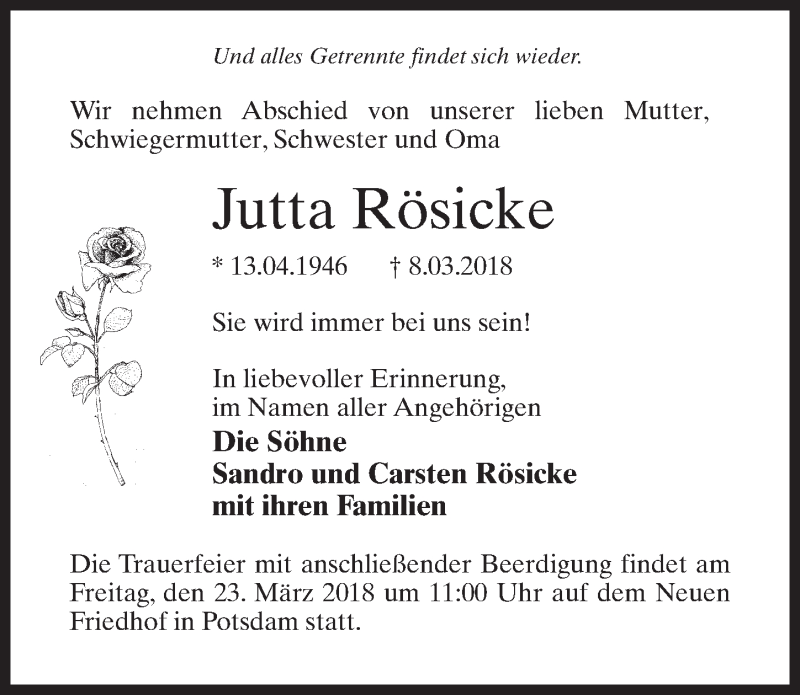  Traueranzeige für Jutta Rösicke vom 17.03.2018 aus Märkischen Allgemeine Zeitung