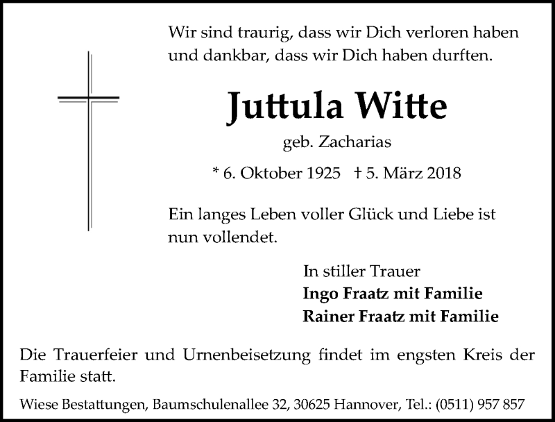  Traueranzeige für Juttula Witte vom 10.03.2018 aus Hannoversche Allgemeine Zeitung/Neue Presse
