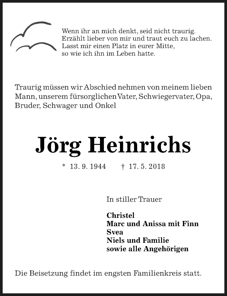  Traueranzeige für Jörg Heinrichs vom 26.05.2018 aus Kieler Nachrichten