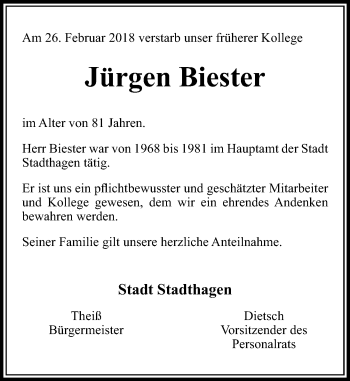 Traueranzeige von Jürgen Biester von Schaumburger Nachrichten