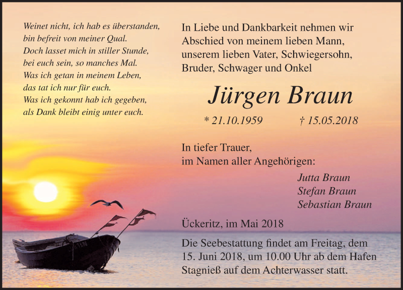  Traueranzeige für Jürgen Braun vom 19.05.2018 aus Ostsee-Zeitung GmbH