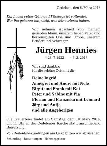 Traueranzeige von Jürgen Hennies von Peiner Allgemeine Zeitung