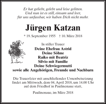 Traueranzeige von Jürgen Katzan von Märkischen Allgemeine Zeitung