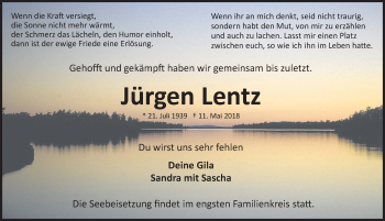 Traueranzeige von Jürgen Lentz von Lübecker Nachrichten