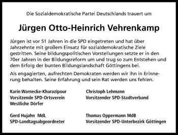 Traueranzeige von Jürgen Otto-Heinrich Vehrenkamp von Göttinger Tageblatt