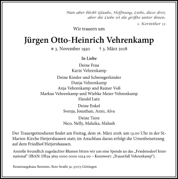 Traueranzeige von Jürgen Otto-Heinrich Vehrenkamp von Göttinger Tageblatt
