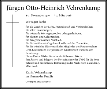Traueranzeige von Jürgen Otto-Heinrich Vehrenkamp von Göttinger Tageblatt