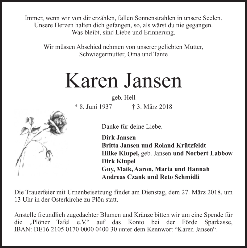  Traueranzeige für Karen Jansen vom 24.03.2018 aus Kieler Nachrichten