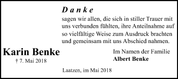 Traueranzeige von Karin Benke von Hannoversche Allgemeine Zeitung/Neue Presse