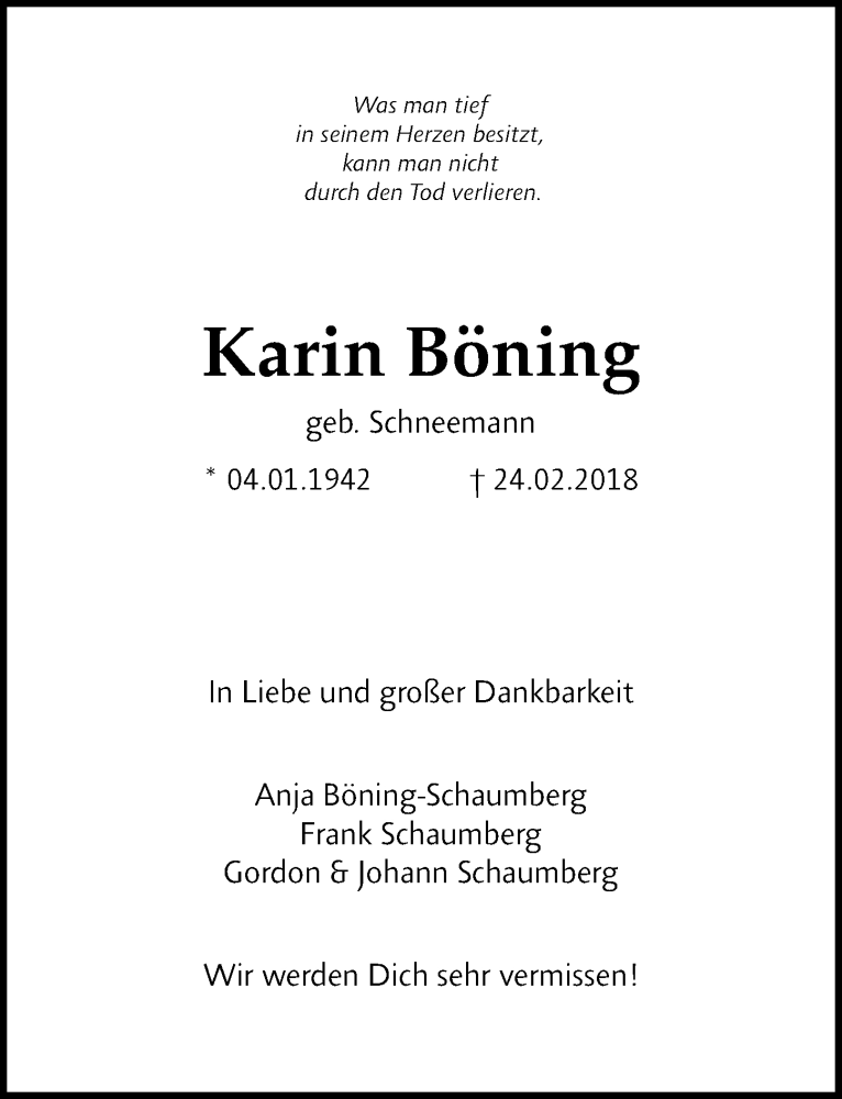  Traueranzeige für Karin Böning vom 03.03.2018 aus Göttinger Tageblatt