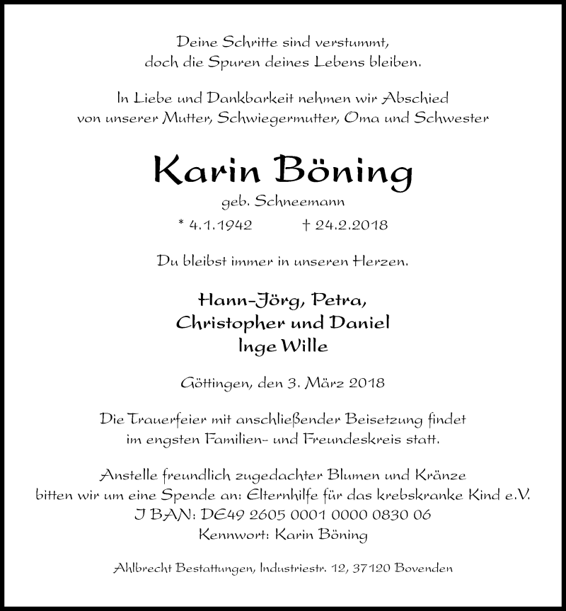  Traueranzeige für Karin Böning vom 03.03.2018 aus Göttinger Tageblatt