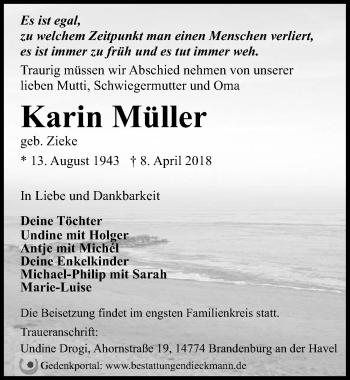 Traueranzeige von Karin Müller von Märkischen Allgemeine Zeitung