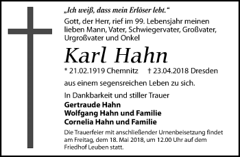Traueranzeige von Karl Hahn von Dresdner Neue Nachrichten