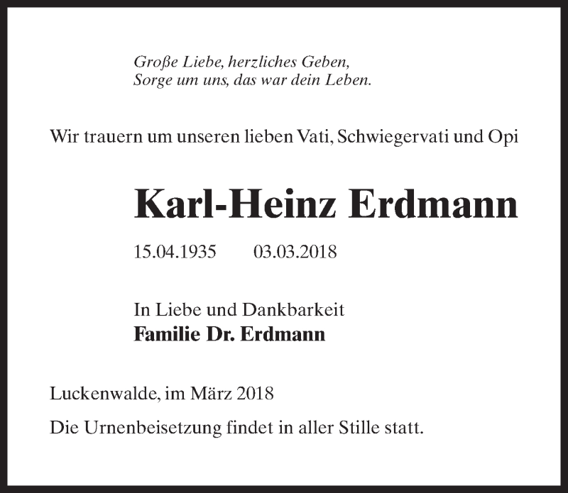  Traueranzeige für Karl-Heinz Erdmann vom 10.03.2018 aus Märkischen Allgemeine Zeitung