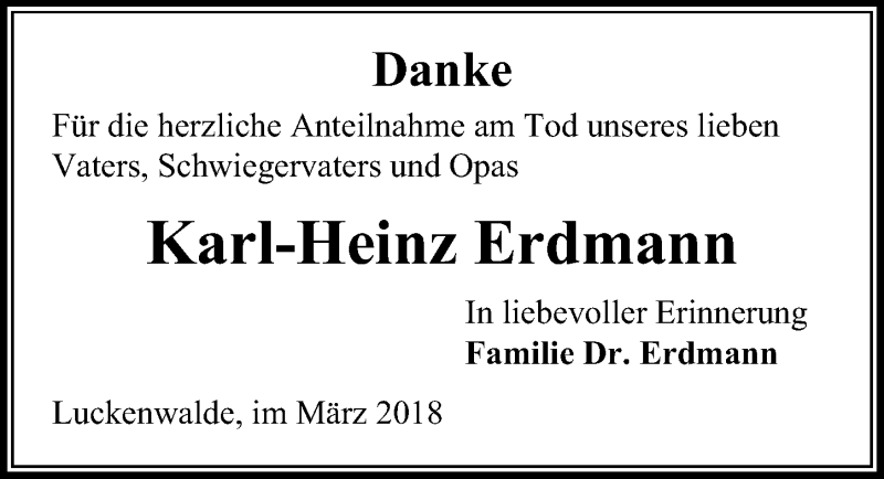  Traueranzeige für Karl-Heinz Erdmann vom 31.03.2018 aus Märkischen Allgemeine Zeitung