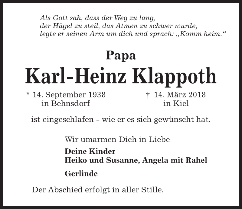  Traueranzeige für Karl-Heinz Klappoth vom 17.03.2018 aus Kieler Nachrichten