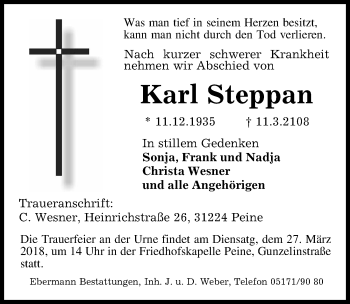 Traueranzeige von Karl Steppan von Peiner Allgemeine Zeitung