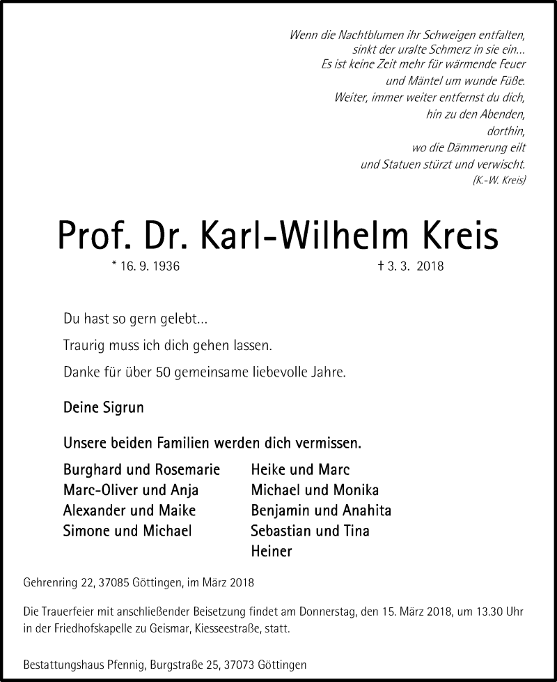 Traueranzeige für Karl Wilhelm Kreis vom 10.03.2018 aus Göttinger Tageblatt