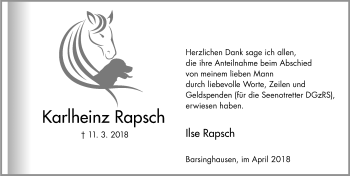 Traueranzeige von Karlheinz Rapsch von Hannoversche Allgemeine Zeitung/Neue Presse