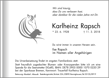Traueranzeige von Karlheinz Rapsch von Hannoversche Allgemeine Zeitung/Neue Presse