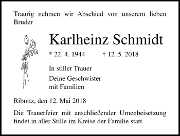 Traueranzeige von Karlheinz Schmidt von Ostsee-Zeitung GmbH