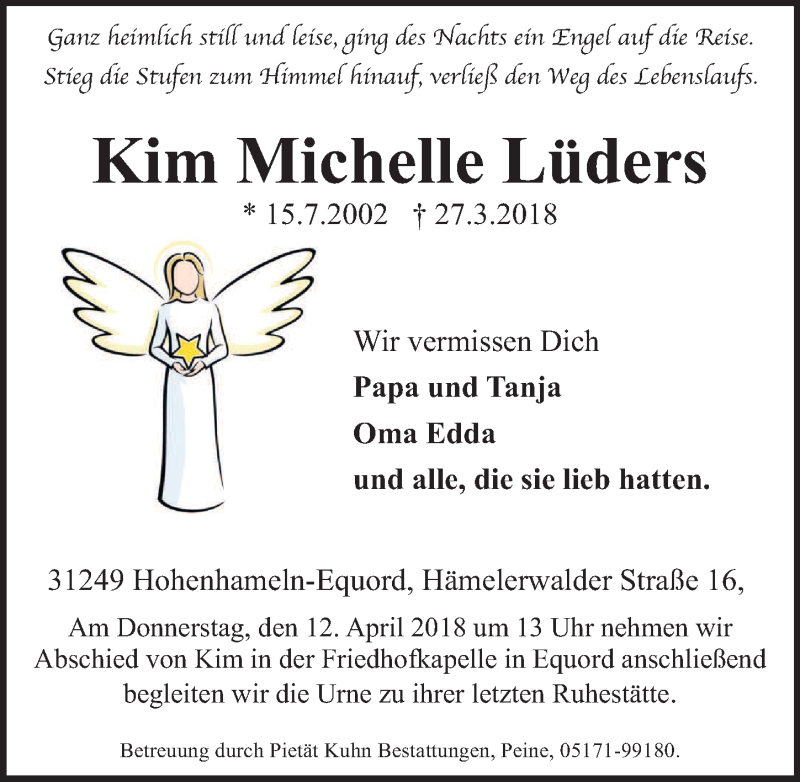  Traueranzeige für Kim Michelle Lüders vom 31.03.2018 aus Peiner Allgemeine Zeitung