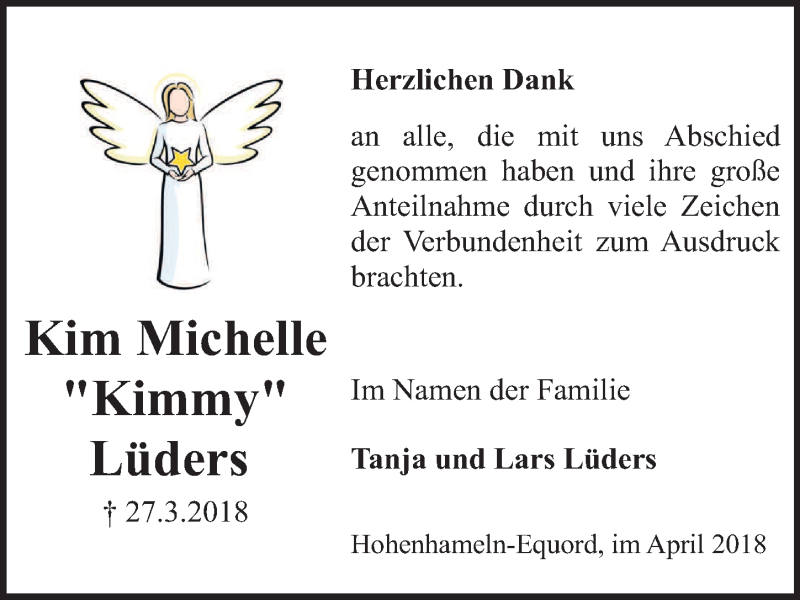  Traueranzeige für Kim Michelle Lüders vom 21.04.2018 aus Peiner Allgemeine Zeitung